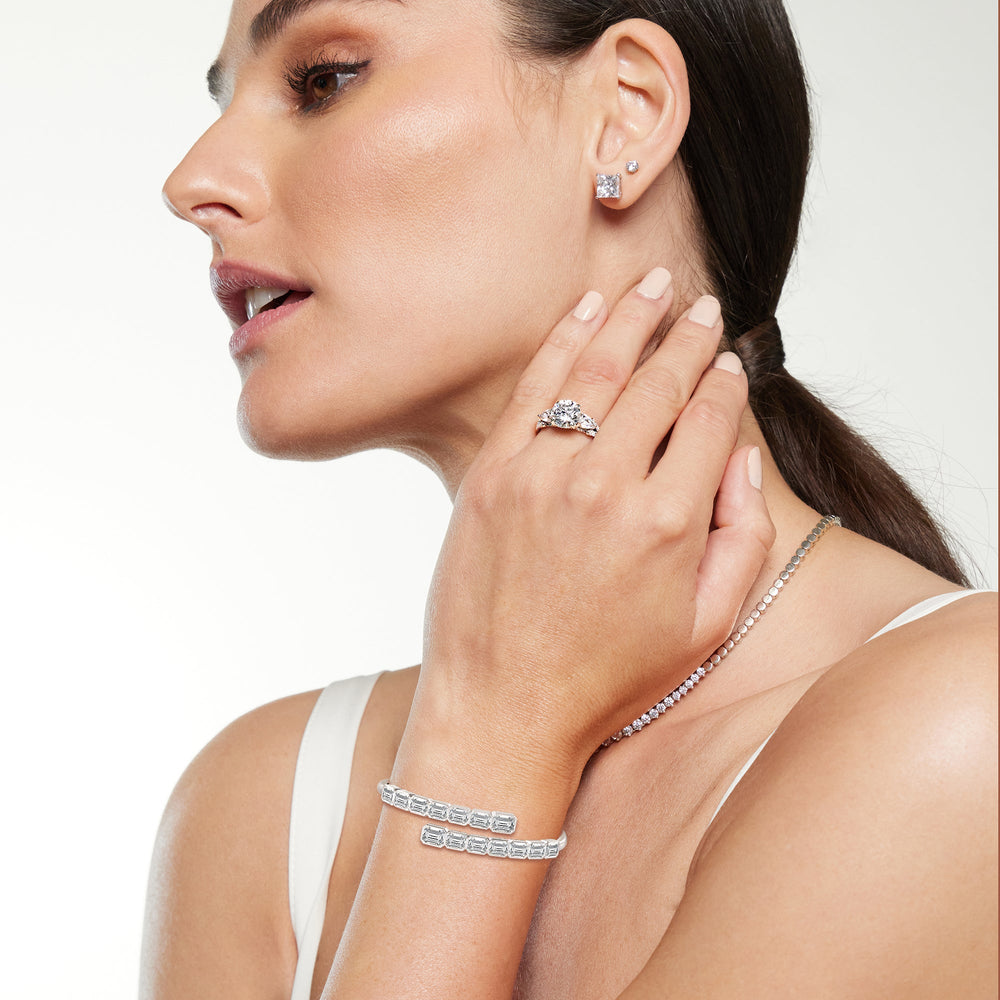 Model Wearing Bezel Bypass Emerald Openable Oval Bangle view