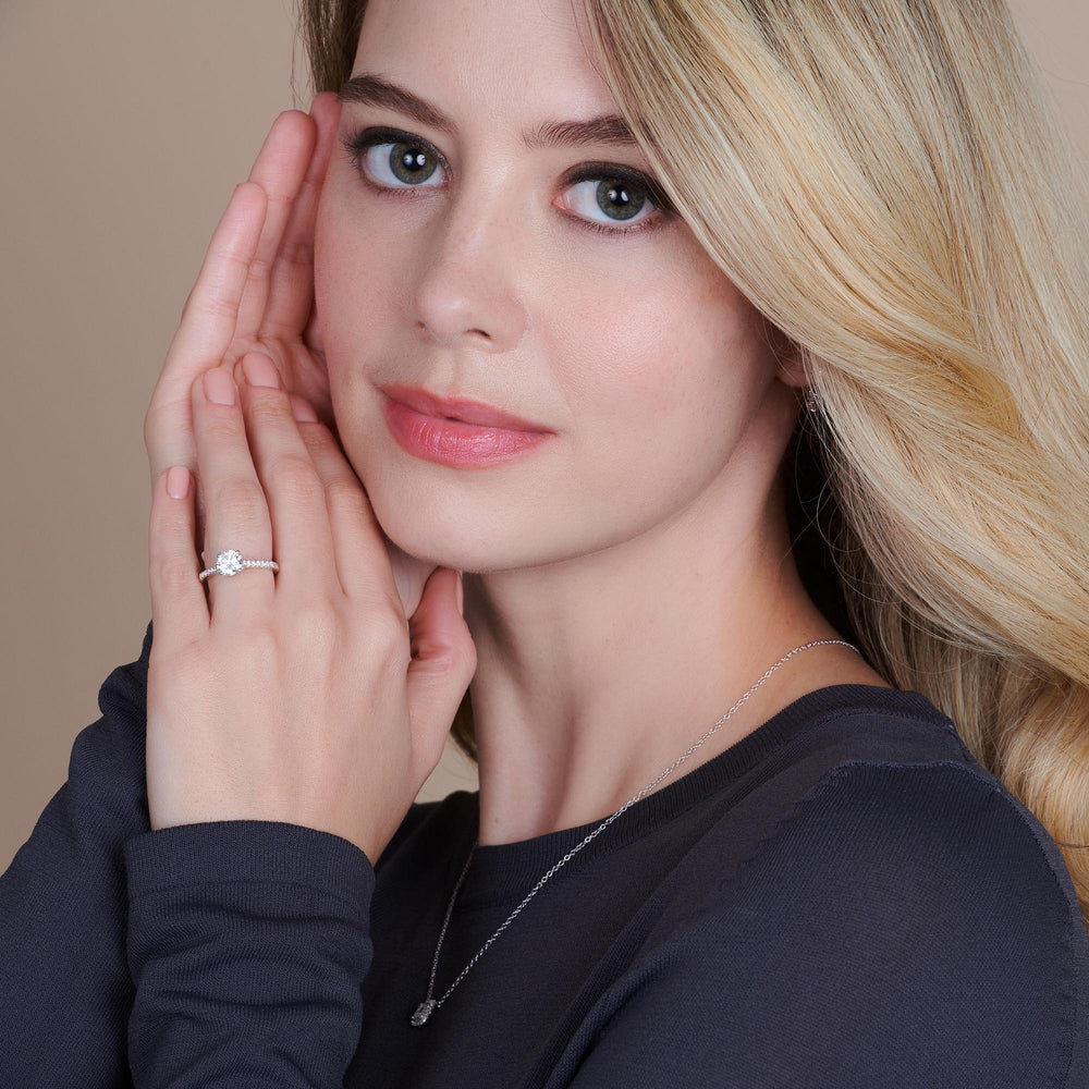 Model Wearing French Basket Pave Diamond Engagement Ring view