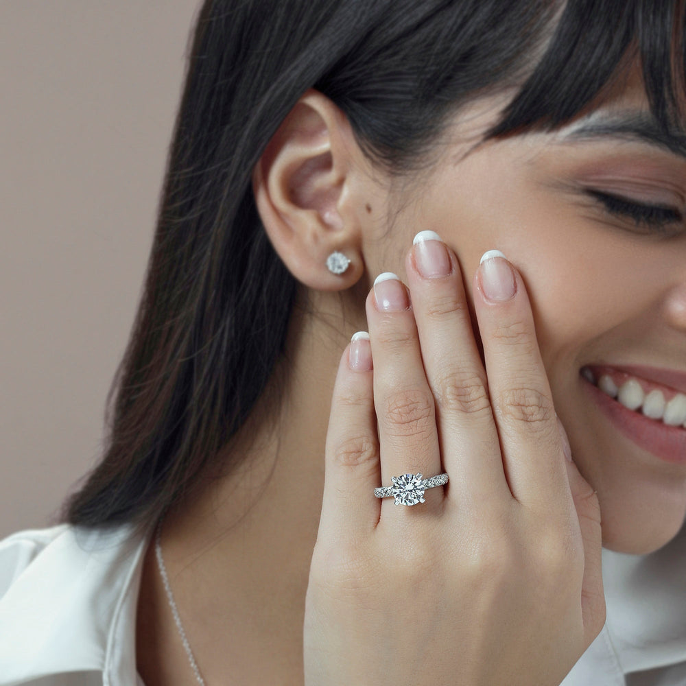 Model Wearing Braided Row Diamond Engagement Ring view