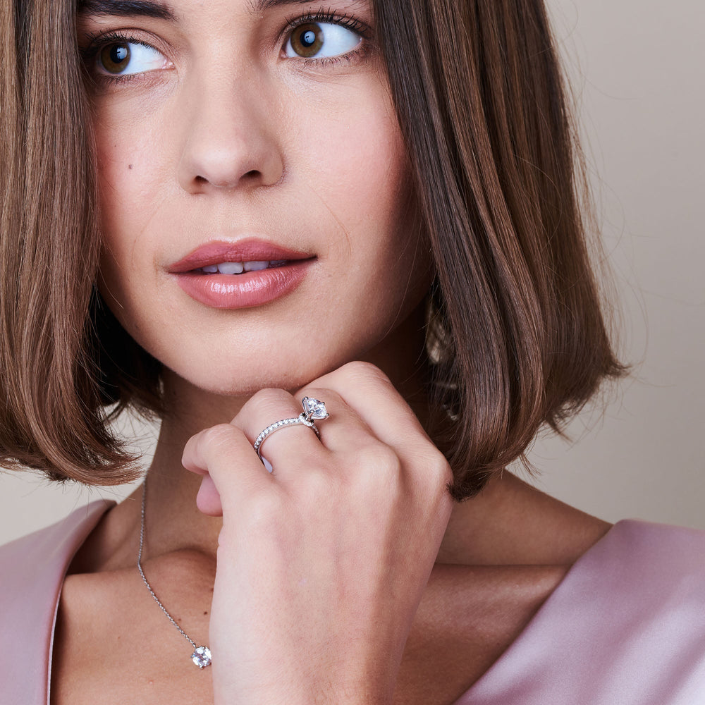 Model Wearing Pave Love Knot Diamond Engagement Ring view