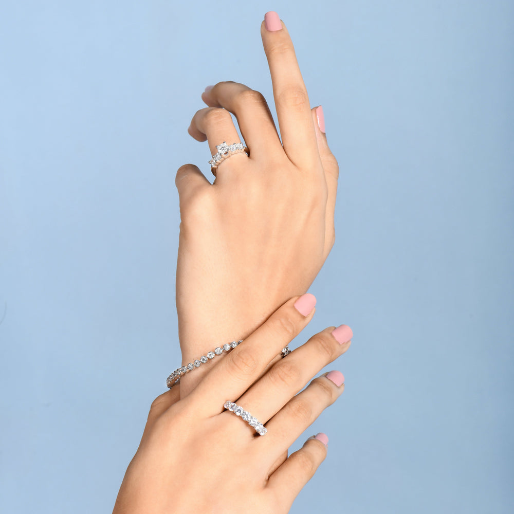 Model Wearing Five Stone Diamond Engagement Ring view