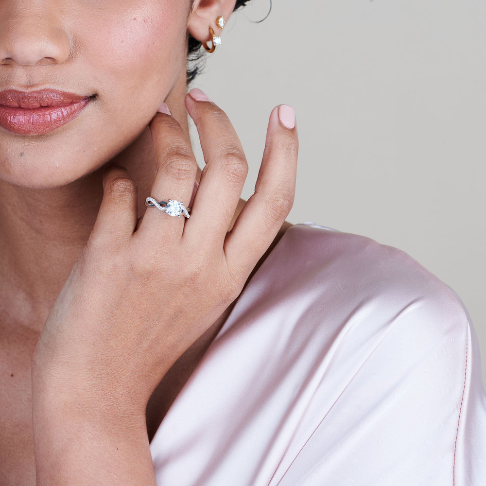 Model Wearing Weaving Diamond Pave Engagement Ring view