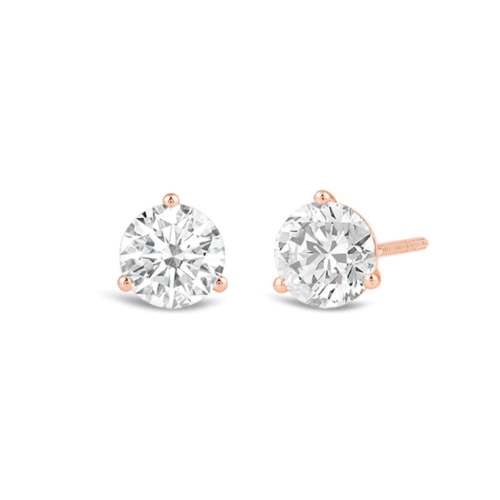 Classic Round Brilliant Cut Diamond Three Prong Martini Stud Earrings with 18KT Rose Gold / Lab / 3/4 Cut Diamond in 14KT Rose Gold / Lab / 3/4 view 1
