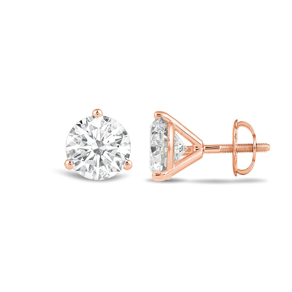 Classic Round Brilliant Cut Diamond Three Prong Martini Stud Earrings with 18KT Rose Gold / Lab / 1 Cut Diamond in 14KT Rose Gold / Lab / 1 view 4
