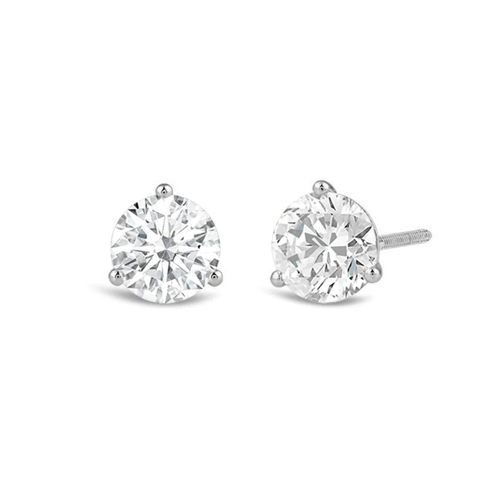 Classic Round Brilliant Cut Diamond Three Prong Martini Stud Earrings with 18KT White Gold / Lab / 1 Cut Diamond in 14KT White Gold / Lab / 1 view 1
