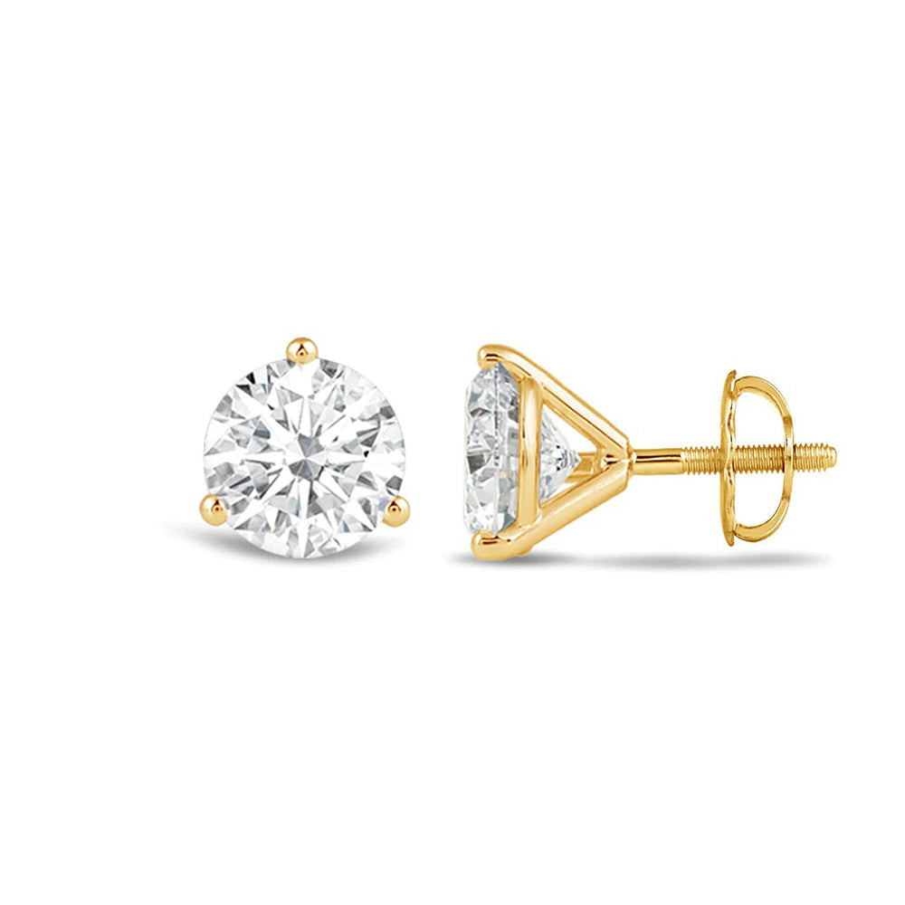 Classic Round Brilliant Cut Diamond Three Prong Martini Stud Earrings with 18KT Yellow Gold / Lab / 1 Cut Diamond in 14KT Yellow Gold / Lab / 1 view 4
