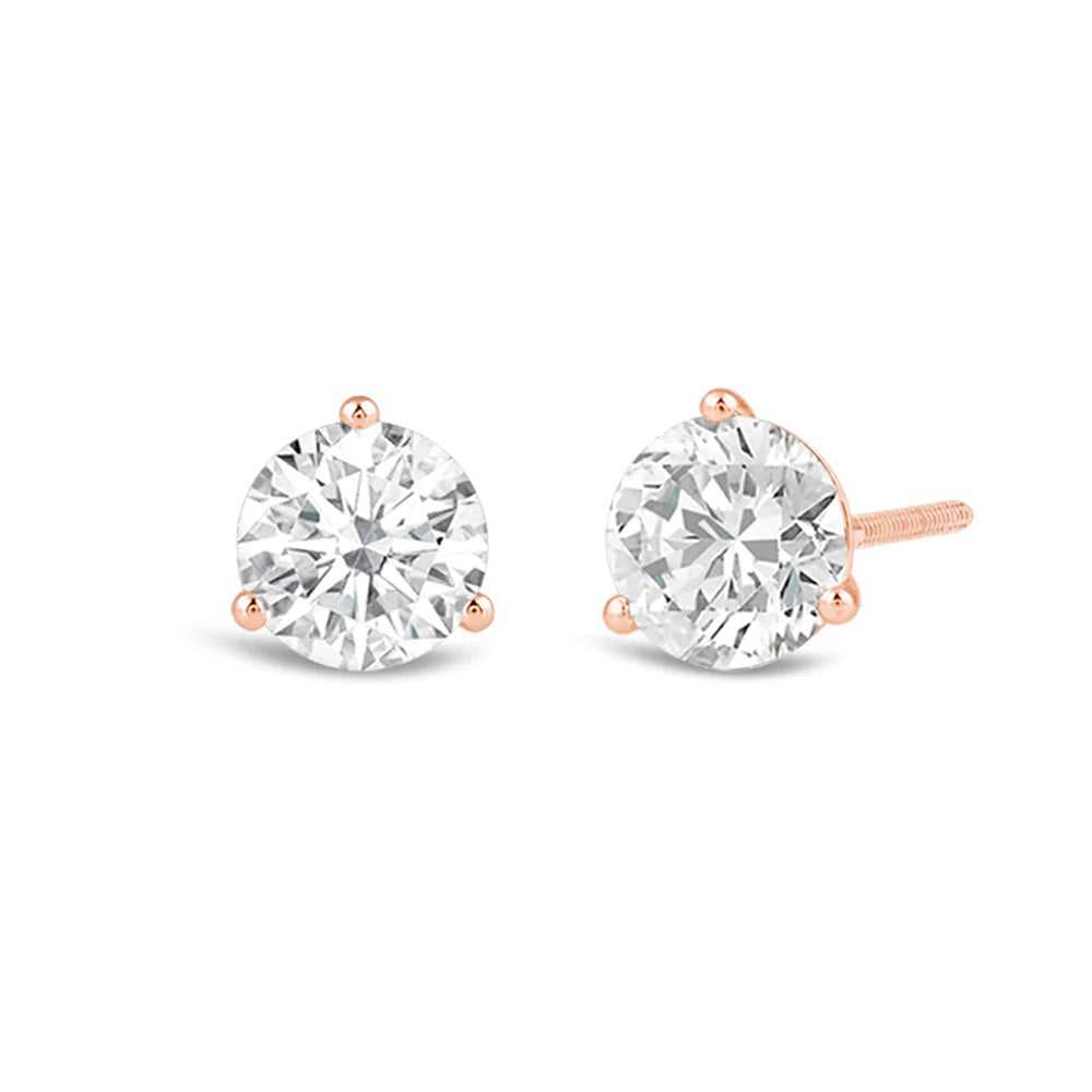 Classic Round Brilliant Cut Diamond Three Prong Martini Stud Earrings with 18KT Rose Gold / Lab / 1 1/2 Cut Diamond in 14KT Rose Gold / Lab / 1 1/2 view 1
