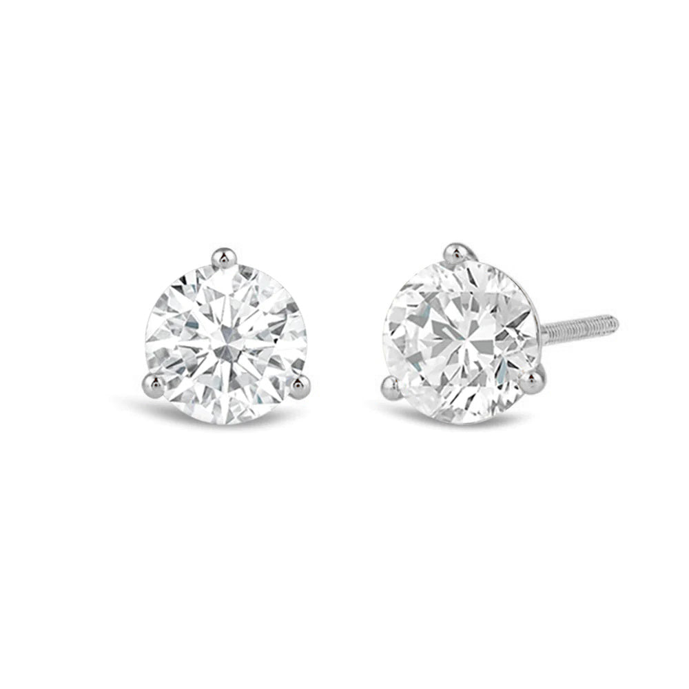 Classic Round Brilliant Cut Diamond Three Prong Martini Stud Earrings with 18KT White Gold / Lab / 2 Cut Diamond in 14KT White Gold / Lab / 2 view 1
