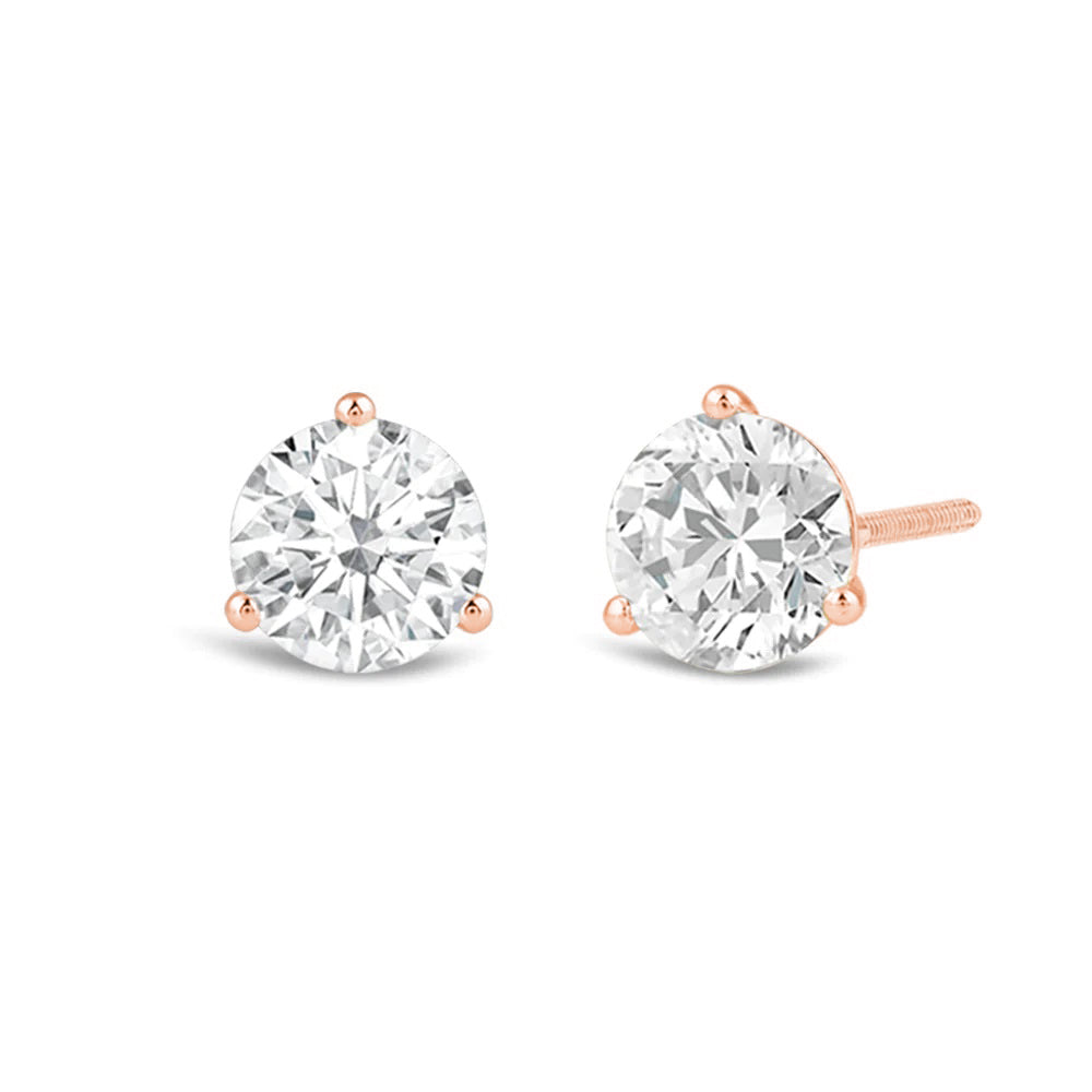 Classic Round Brilliant Cut Diamond Three Prong Martini Stud Earrings with 18KT Rose Gold / Lab / 2 Cut Diamond in 14KT Rose Gold / Lab / 2 view 1
