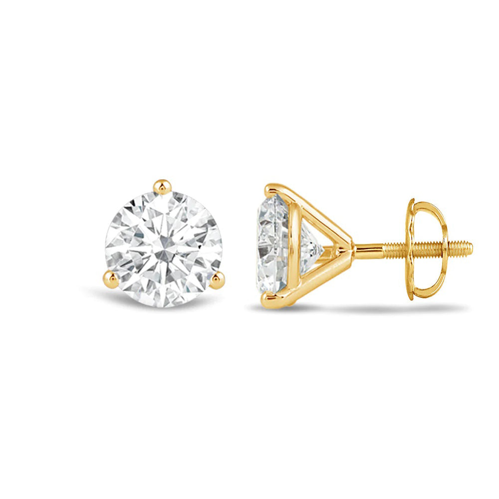 Classic Round Brilliant Cut Diamond Three Prong Martini Stud Earrings with 18KT Yellow Gold / Lab / 2 Cut Diamond in 14KT Yellow Gold / Lab / 2 view 4
