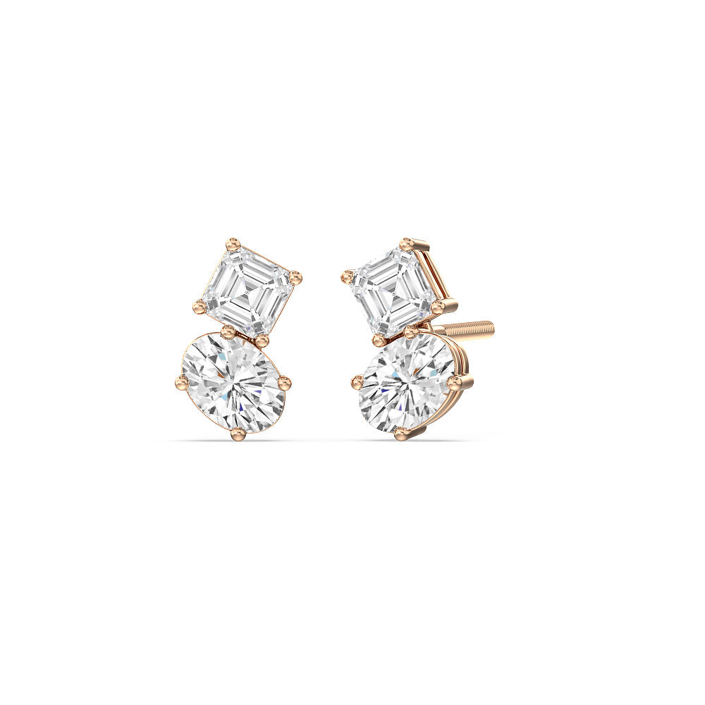Toi et Moi Square Emerald and Oval Diamond Stud Earrings with 18KT Rose Gold / Lab / 1 3/4 Cut Diamond in 14KT Rose Gold / Lab / 1 3/4 view 1
