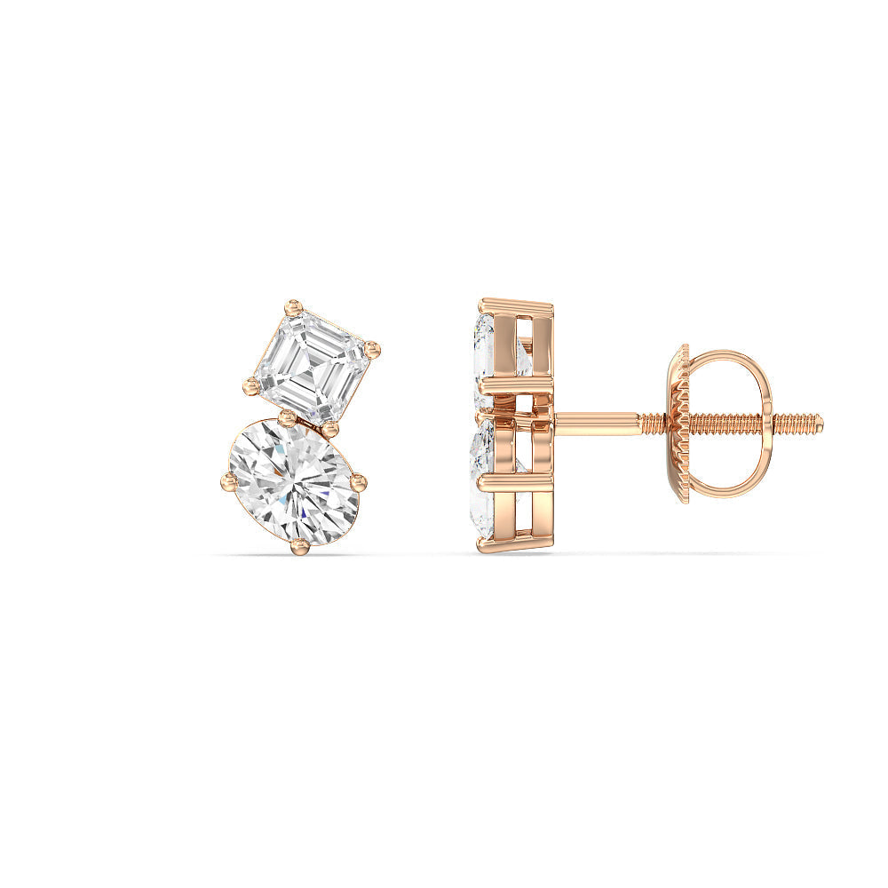 Toi et Moi Square Emerald and Oval Diamond Stud Earrings with 18KT Rose Gold / Lab / 1 3/4 Cut Diamond in 14KT Rose Gold / Lab / 1 3/4 view 2

