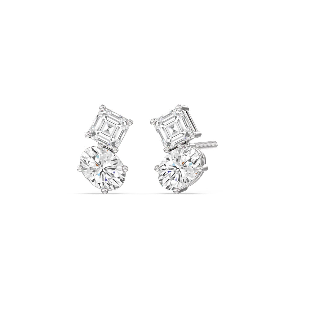 Toi et Moi Square Emerald and Oval Diamond Stud Earrings with 18KT White Gold / Lab / 1 3/4 Cut Diamond in 14KT White Gold / Lab / 1 3/4 view 1
