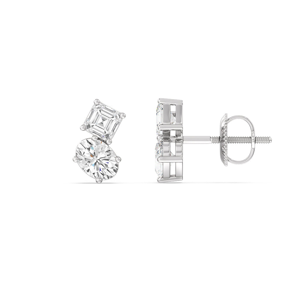 Toi et Moi Square Emerald and Oval Diamond Stud Earrings with 18KT White Gold / Lab / 1 3/4 Cut Diamond in 14KT White Gold / Lab / 1 3/4 view 2

