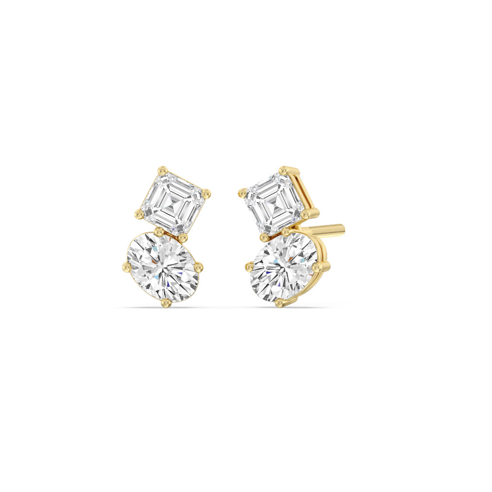 Toi et Moi Square Emerald and Oval Diamond Stud Earrings with 18KT Yellow Gold / Lab / 1 3/4 Cut Diamond in 14KT Yellow Gold / Lab / 1 3/4 view 1
