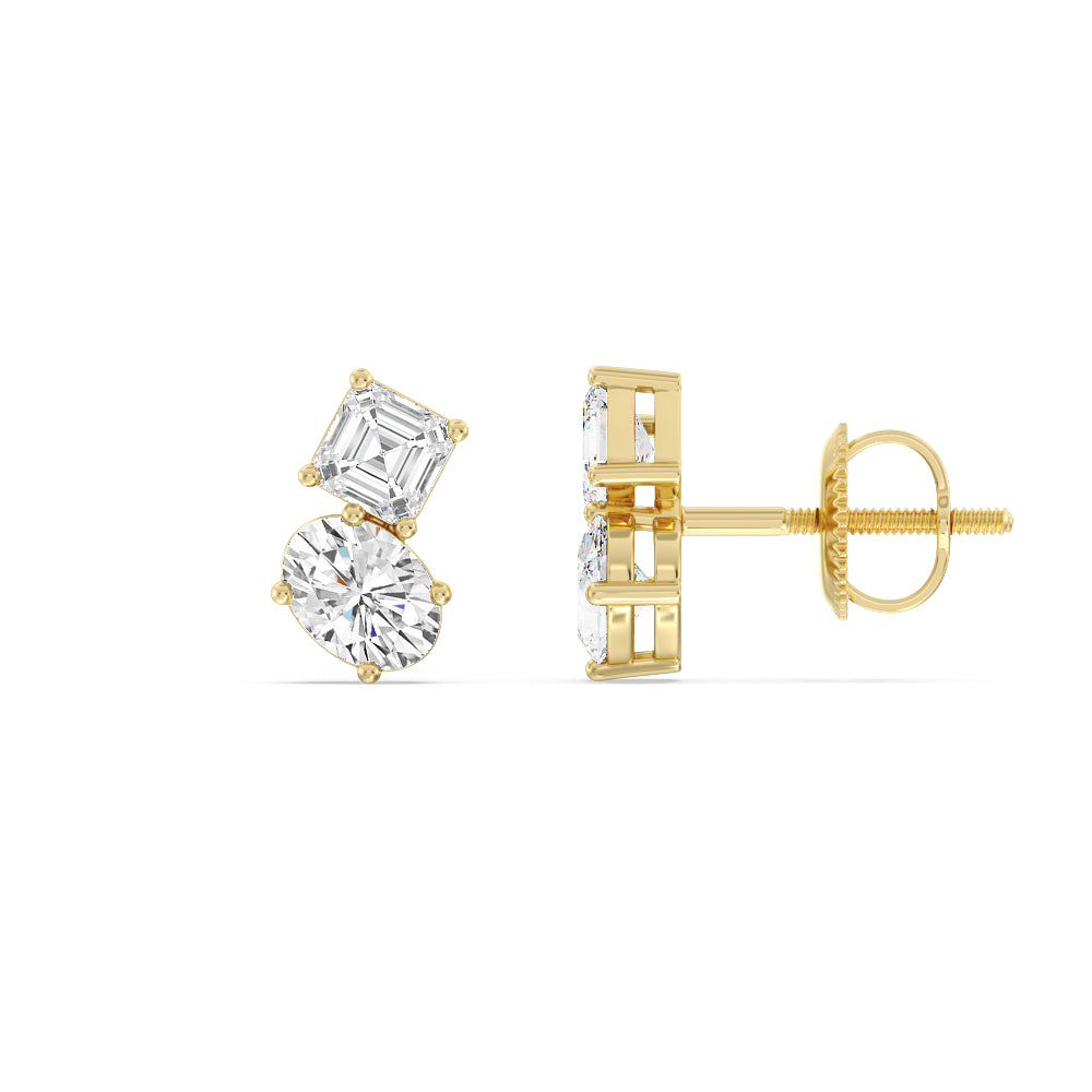 Toi et Moi Square Emerald and Oval Diamond Stud Earrings with 18KT Yellow Gold / Lab / 1 3/4 Cut Diamond in 14KT Yellow Gold / Lab / 1 3/4 view 2
