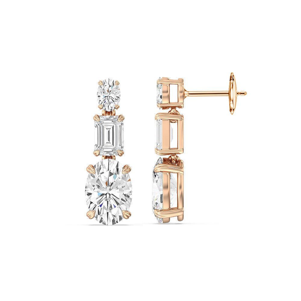 Elegance Oval and Emerald Dangle Earrings with 18KT Rose Gold / Lab / 6 Cut Diamond in 14KT Rose Gold / Lab / 6 view 2
