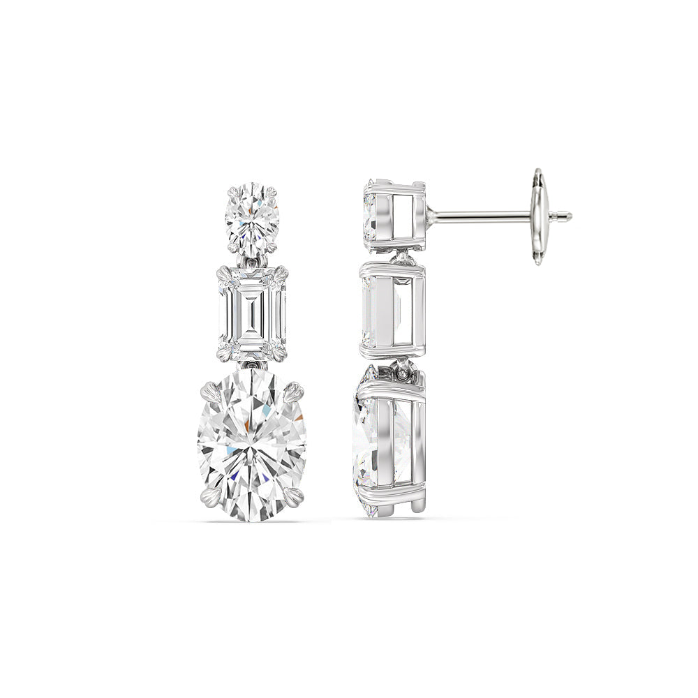 Elegance Oval and Emerald Dangle Earrings with 18KT White Gold / Lab / 6 Cut Diamond in 14KT White Gold / Lab / 6 view 2
