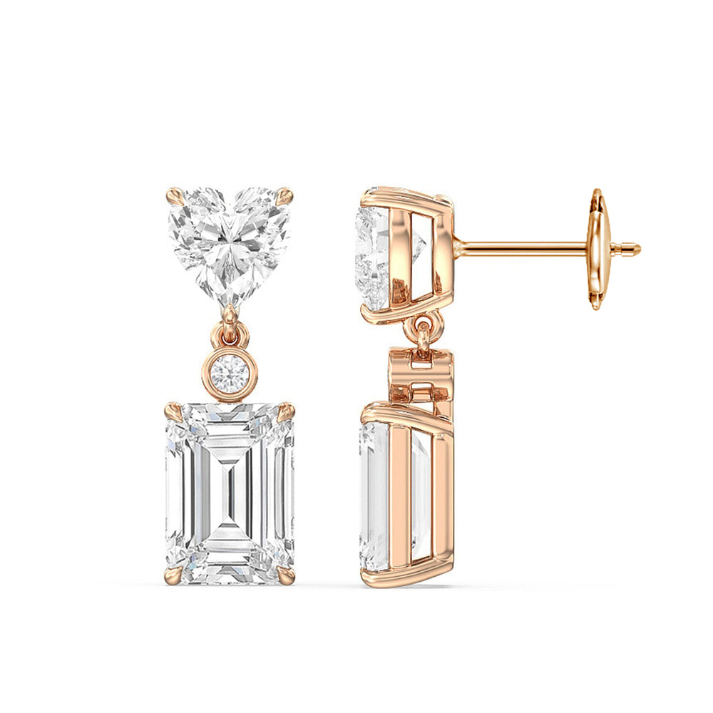 Heart Shape with Emerald Drop Earrings with 18KT Rose Gold / Lab / 7 Cut Diamond in 14KT Rose Gold / Lab / 7 view 2
