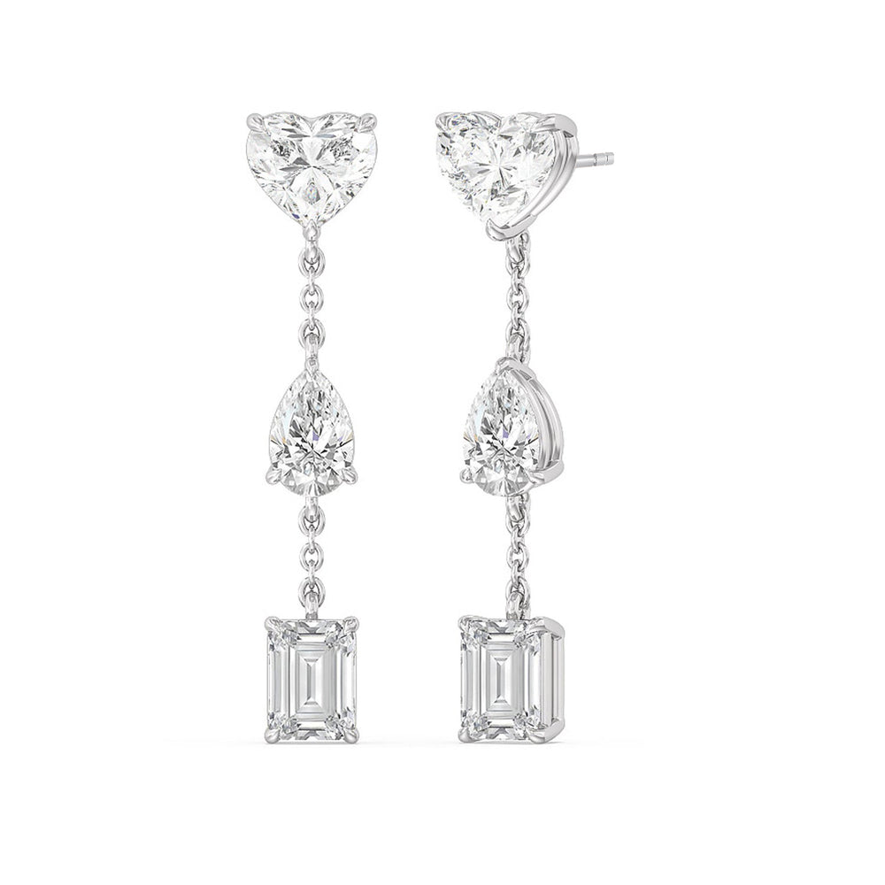 Heart, Pear, and Emerald Station Dangler Earrings with 18KT White Gold / Lab / 4 Cut Diamond in 14KT White Gold / Lab / 4 view 1

