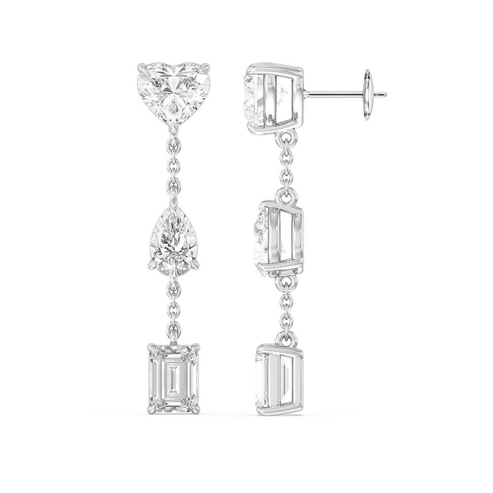 Heart, Pear, and Emerald Station Dangler Earrings with 18KT White Gold / Lab / 4 Cut Diamond in 14KT White Gold / Lab / 4 view 2
