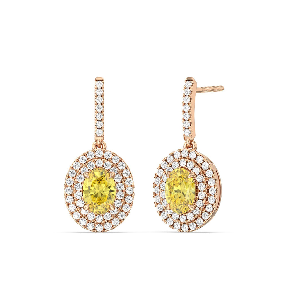 2 Ct Pair Fancy Deep Yellow Double Halo Drop Earrings with 18KT Rose Gold / Lab / 2 7/8 Cut Diamond in 14KT Rose Gold / Lab / 2 7/8 view 1
