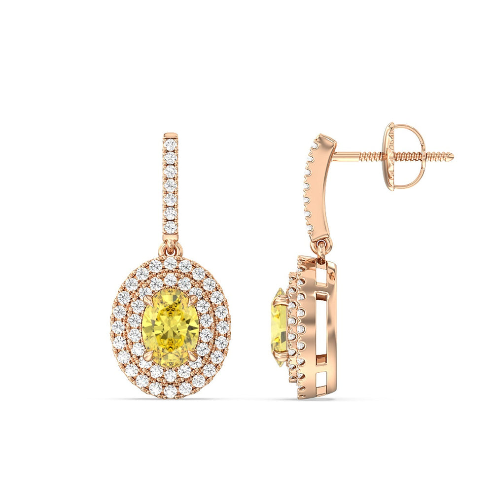 2 Ct Pair Fancy Deep Yellow Double Halo Drop Earrings with 18KT Rose Gold / Lab / 2 7/8 Cut Diamond in 14KT Rose Gold / Lab / 2 7/8 view 2

