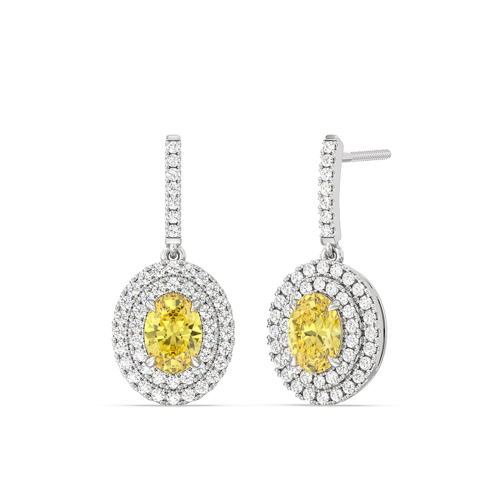 2 Ct Pair Fancy Deep Yellow Double Halo Drop Earrings with 18KT White Gold / Lab / 2 7/8 Cut Diamond in 14KT White Gold / Lab / 2 7/8 view 1
