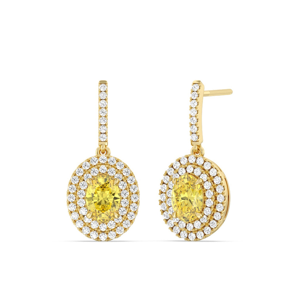 2 Ct Pair Fancy Deep Yellow Double Halo Drop Earrings with 18KT Yellow Gold / Lab / 2 7/8 Cut Diamond in 14KT Yellow Gold / Lab / 2 7/8 view 1
