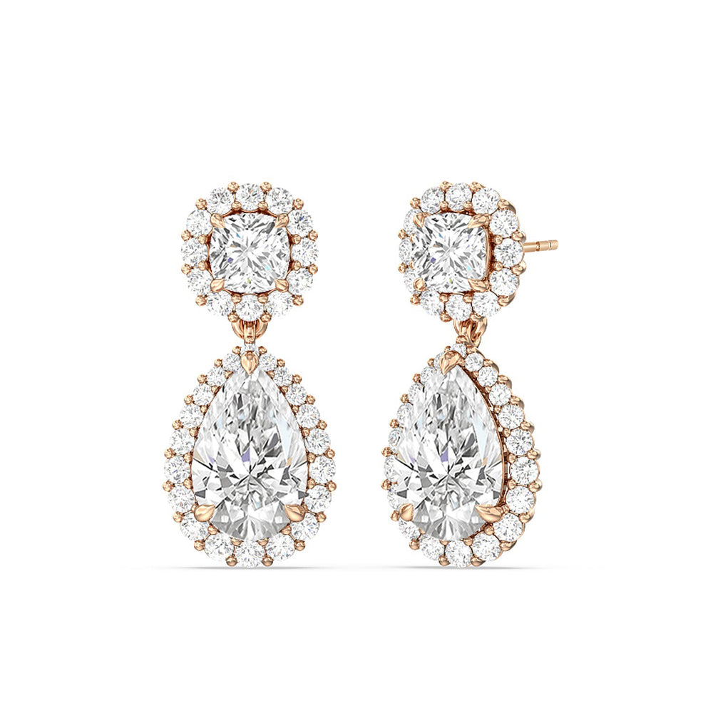 Halo Cushion and Pear Drop Earrings with 18KT Rose Gold / Lab / 9 5/8 Cut Diamond in 14KT Rose Gold / Lab / 9 5/8 view 1

