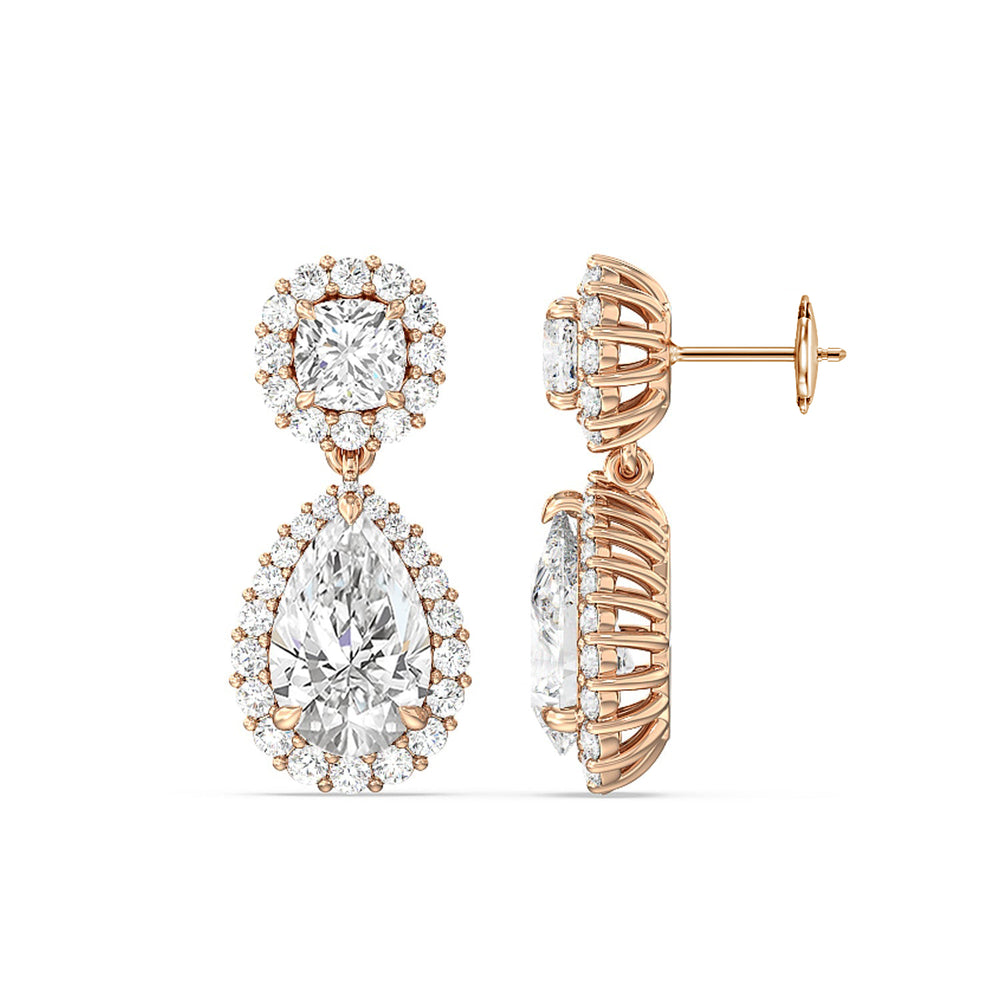 Halo Cushion and Pear Drop Earrings with 18KT Rose Gold / Lab / 9 5/8 Cut Diamond in 14KT Rose Gold / Lab / 9 5/8 view 2
