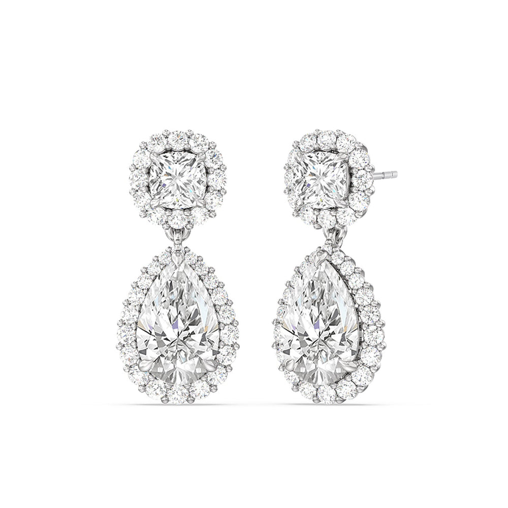 Halo Cushion and Pear Drop Earrings with 18KT White Gold / Lab / 9 5/8 Cut Diamond in 14KT White Gold / Lab / 9 5/8 view 1

