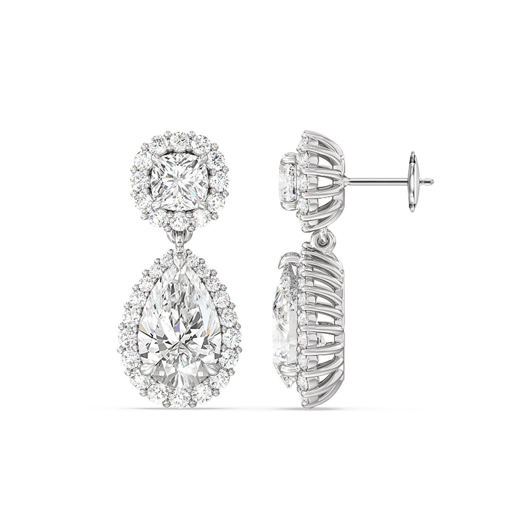Halo Cushion and Pear Drop Earrings with 18KT White Gold / Lab / 9 5/8 Cut Diamond in 14KT White Gold / Lab / 9 5/8 view 2
