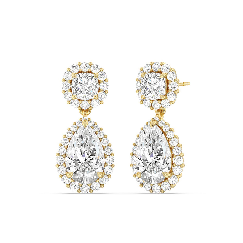 Halo Cushion and Pear Drop Earrings with 18KT Yellow Gold / Lab / 9 5/8 Cut Diamond in 14KT Yellow Gold / Lab / 9 5/8 view 1
