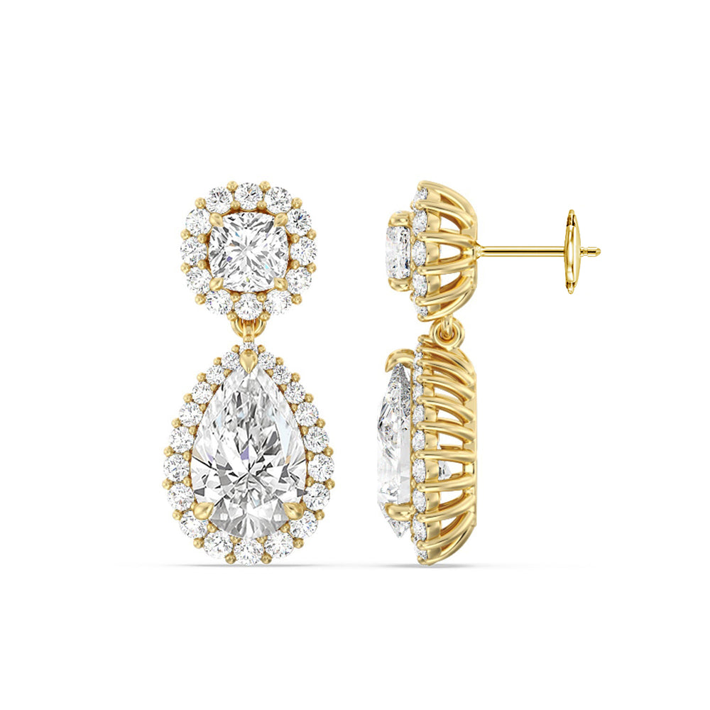 Halo Cushion and Pear Drop Earrings with 18KT Yellow Gold / Lab / 9 5/8 Cut Diamond in 14KT Yellow Gold / Lab / 9 5/8 view 2
