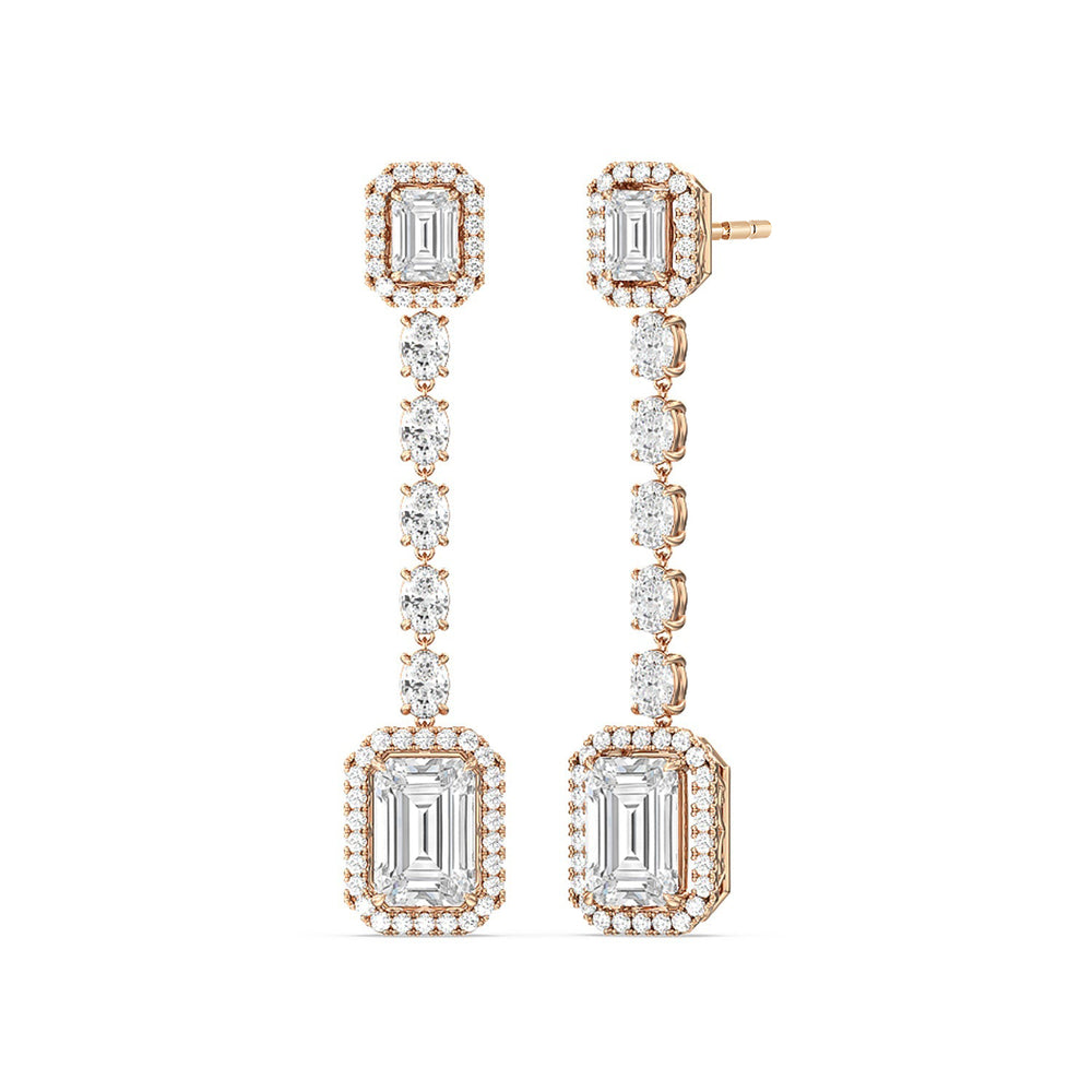 Emerald Cut Drop Halo Dangler Earrings with 18KT Rose Gold / Lab / 10 1/3 Cut Diamond in 14KT Rose Gold / Lab / 10 1/3 view 1
