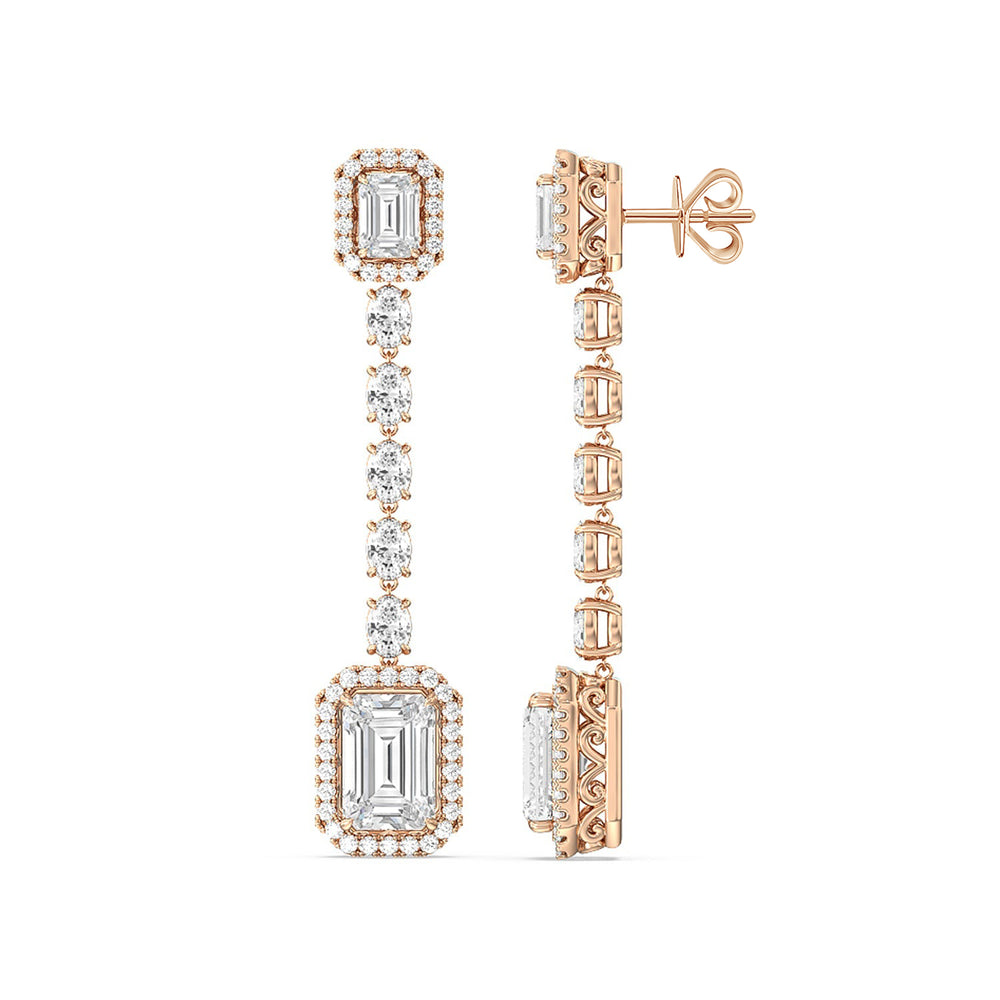 Emerald Cut Drop Halo Dangler Earrings with 18KT Rose Gold / Lab / 10 1/3 Cut Diamond in 14KT Rose Gold / Lab / 10 1/3 view 2
