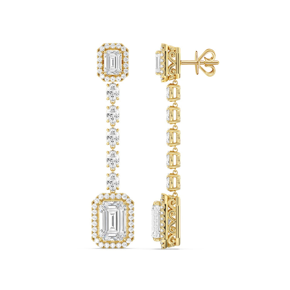 Emerald Cut Drop Halo Dangler Earrings with 18KT Yellow Gold / Lab / 10 1/3 Cut Diamond in 14KT Yellow Gold / Lab / 10 1/3 view 2
