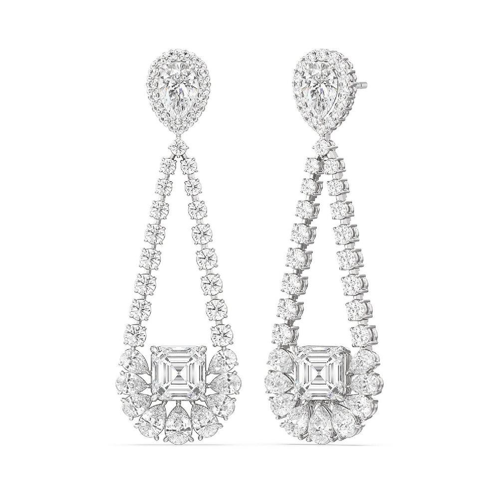 Asscher and Pear Chandelier Earrings with 18KT White Gold / Lab / 13 1/2 Cut Diamond in 14KT White Gold / Lab / 13 1/2 view 1
