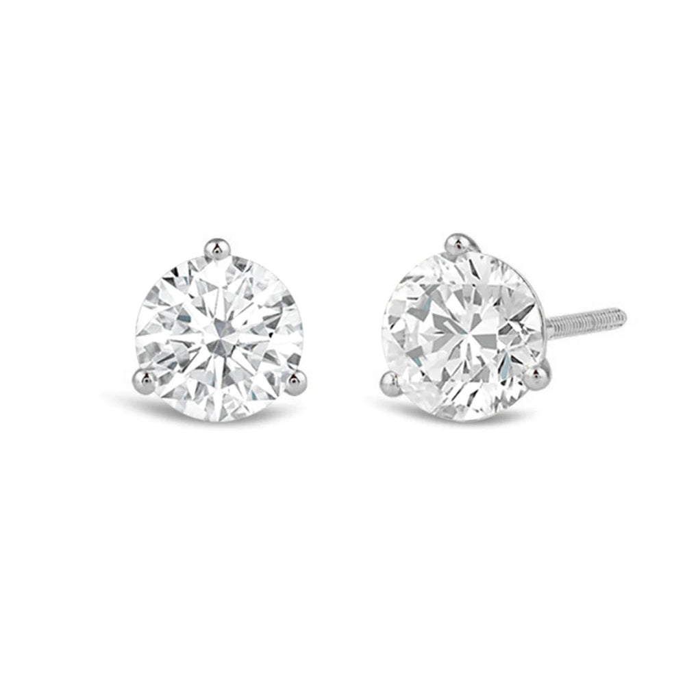 Classic Round Brilliant Cut Diamond Three Prong Martini Stud Earrings with 18KT White Gold / Lab / 3 Cut Diamond in 14KT White Gold / Lab / 3 view 1

