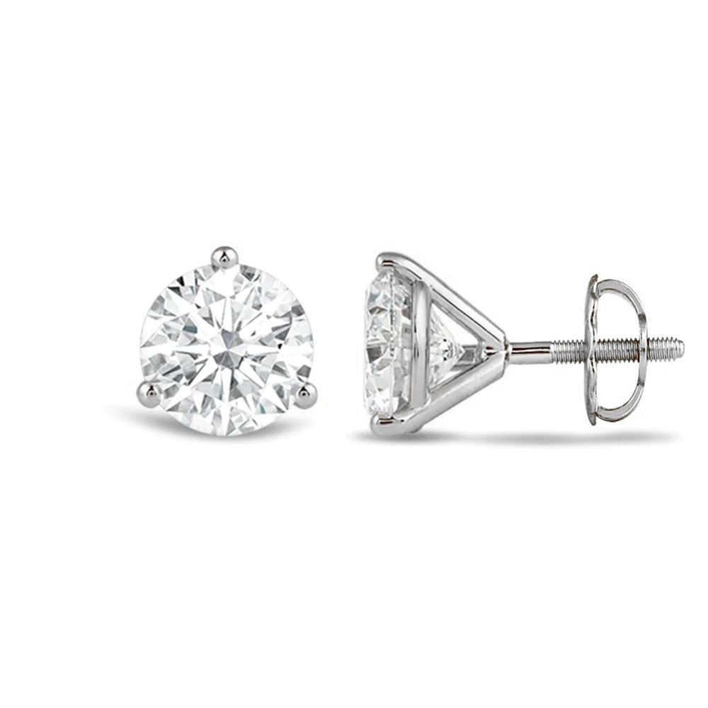 Classic Round Brilliant Cut Diamond Three Prong Martini Stud Earrings with 18KT White Gold / Lab / 3 Cut Diamond in 14KT White Gold / Lab / 3 view 4
