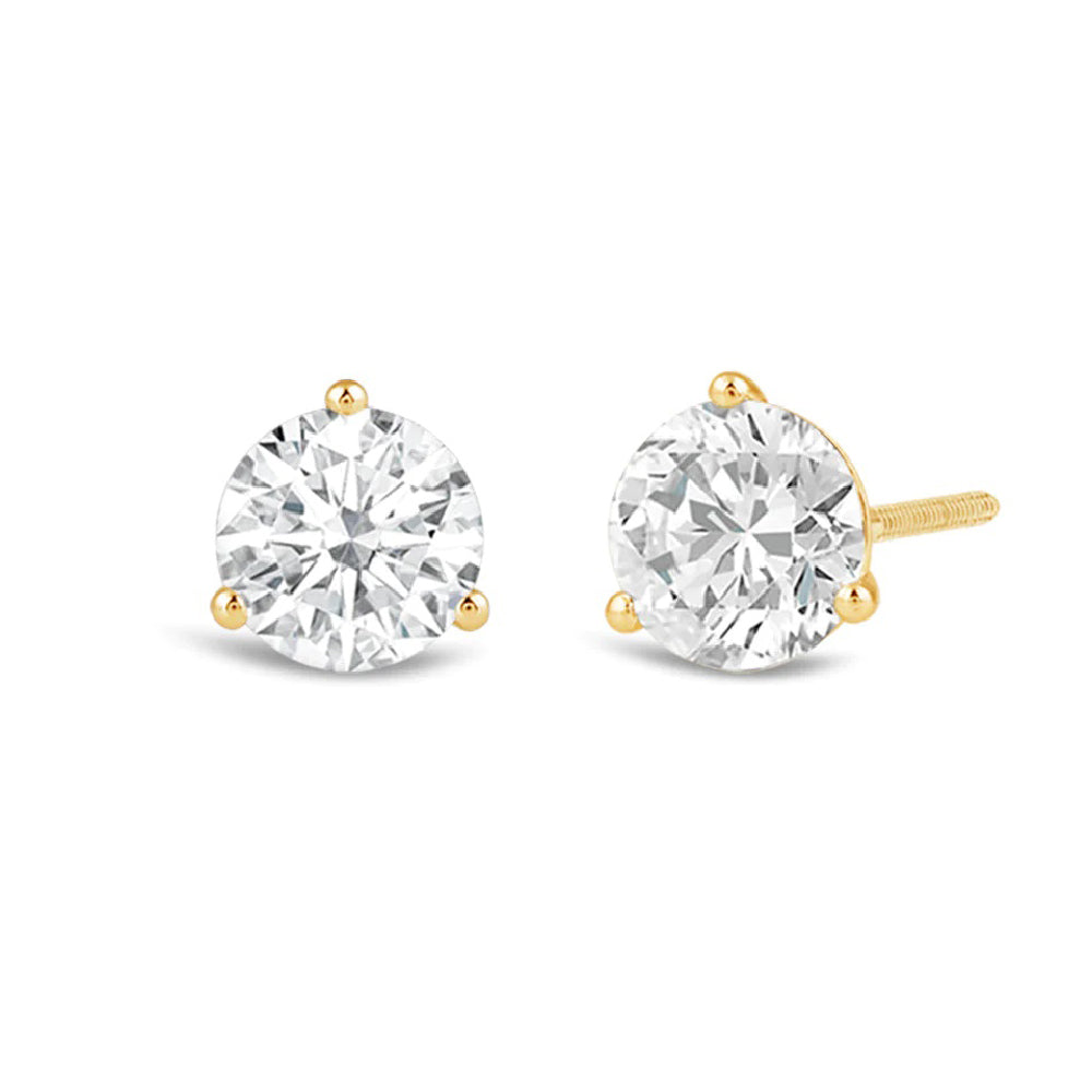 Classic Round Brilliant Cut Diamond Three Prong Martini Stud Earrings with 18KT Yellow Gold / Lab / 3 Cut Diamond in 14KT Yellow Gold / Lab / 3 view 1
