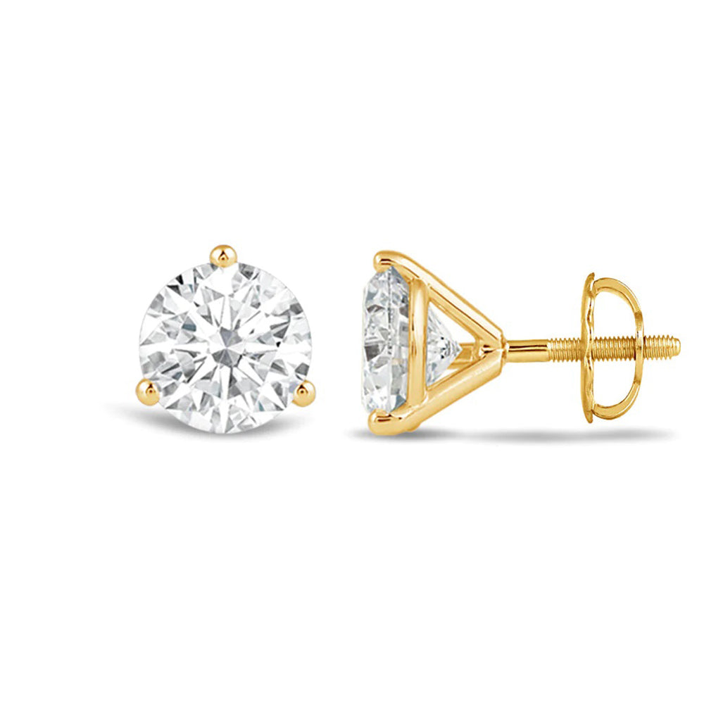 Classic Round Brilliant Cut Diamond Three Prong Martini Stud Earrings with 18KT Yellow Gold / Lab / 3 Cut Diamond in 14KT Yellow Gold / Lab / 3 view 4
