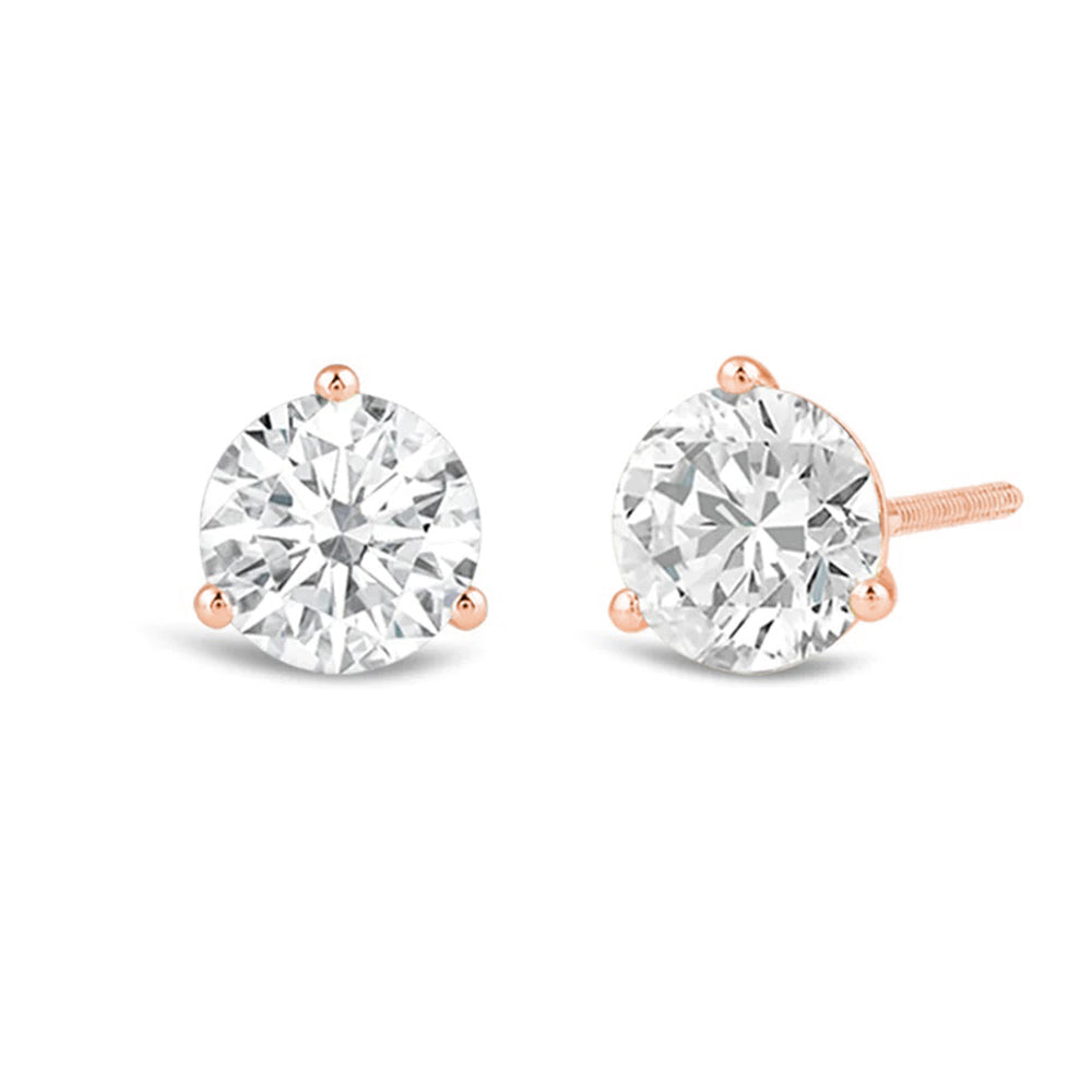 Classic Round Brilliant Cut Diamond Three Prong Martini Stud Earrings with 18KT Rose Gold / Lab / 4 Cut Diamond in 14KT Rose Gold / Lab / 4 view 1
