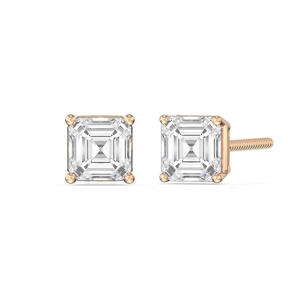 Classic Asscher Stud Earrings with 18KT Rose Gold / Lab / 1 Cut Diamond in 14KT Rose Gold / Lab / 1 view 1
