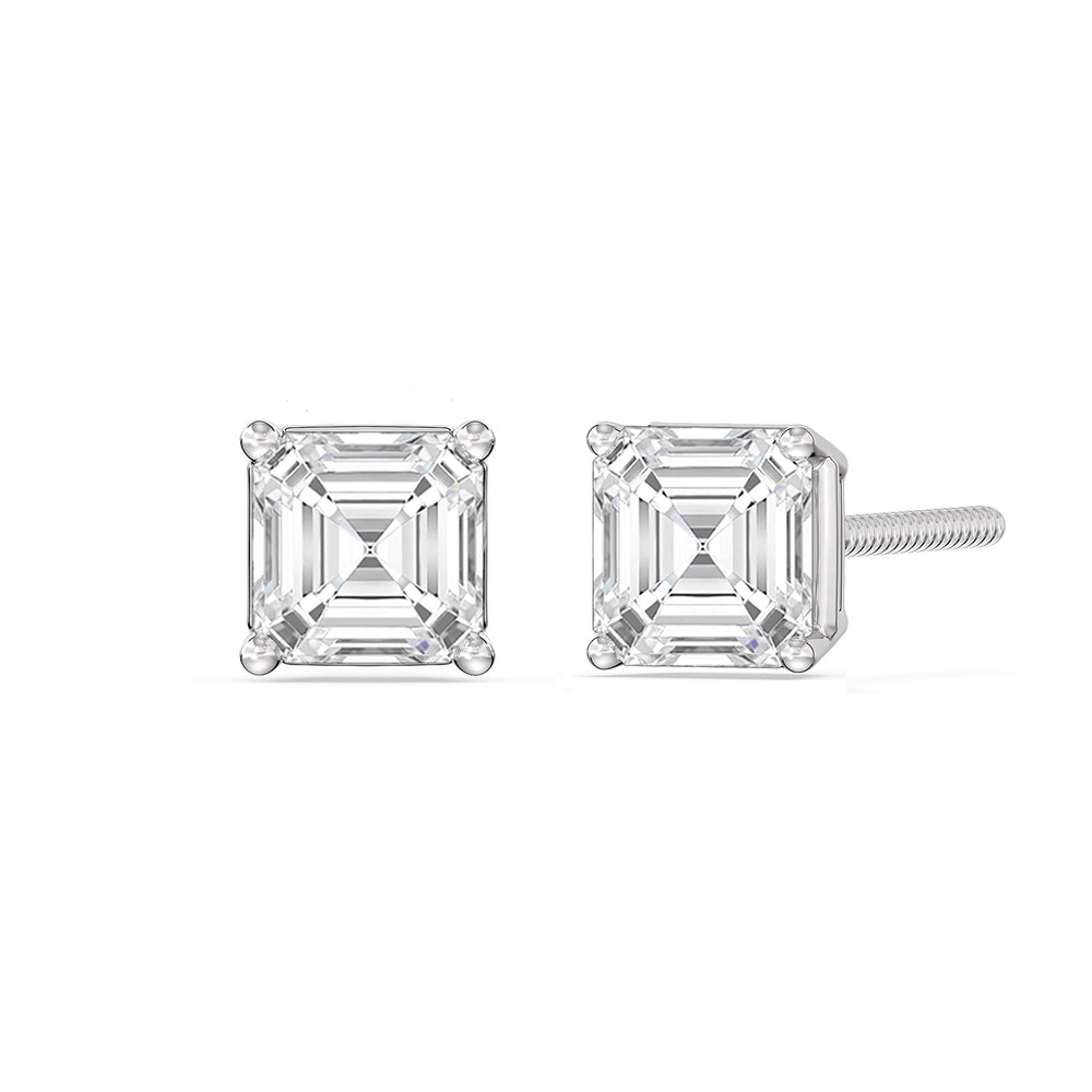 Classic Asscher Stud Earrings with 18KT White Gold / Lab / 1 Cut Diamond in 14KT White Gold / Lab / 1 view 1
