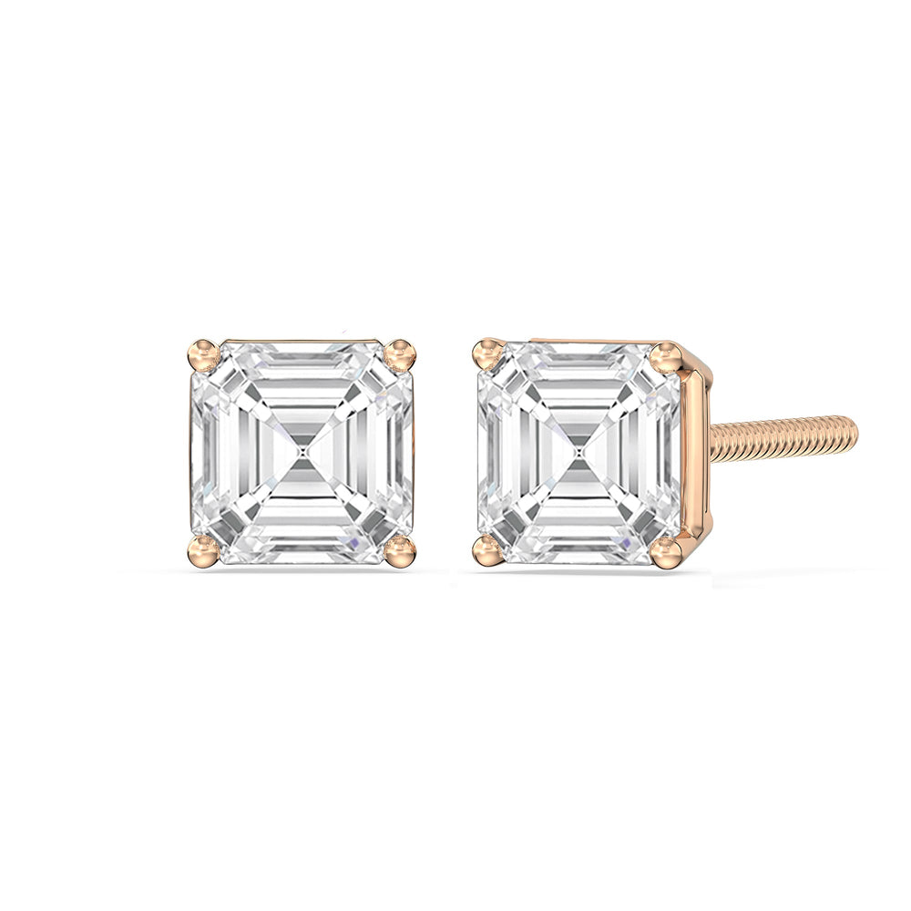 Classic Asscher Stud Earrings with 18KT Rose Gold / Lab / 2 Cut Diamond in 14KT Rose Gold / Lab / 2 view 1
