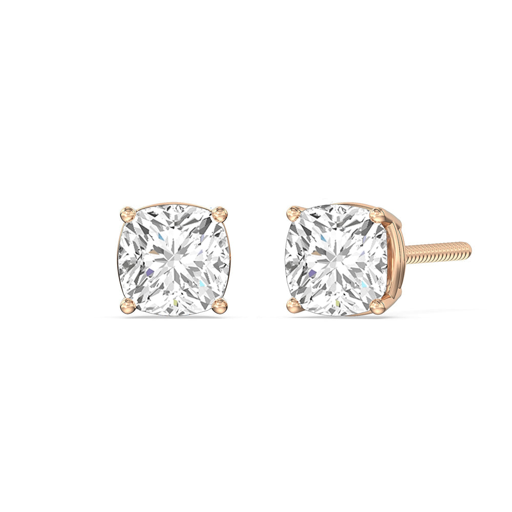 Classic Cushion Stud Earrings with 18KT Rose Gold / Lab / 1 Cut Diamond in 14KT Rose Gold / Lab / 1 view 1
