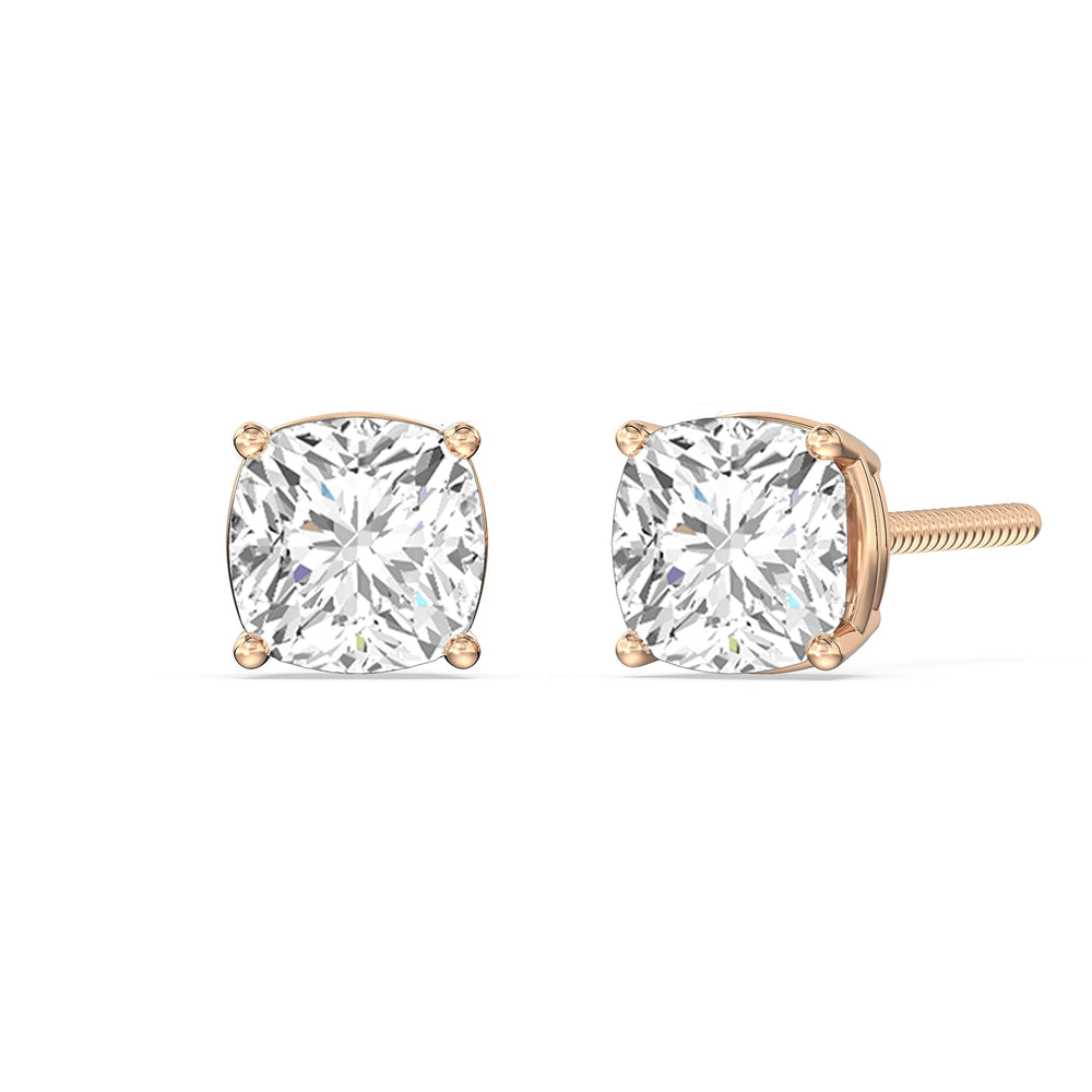 Classic Cushion Stud Earrings with 18KT Rose Gold / Lab / 2 Cut Diamond in 14KT Rose Gold / Lab / 2 view 1
