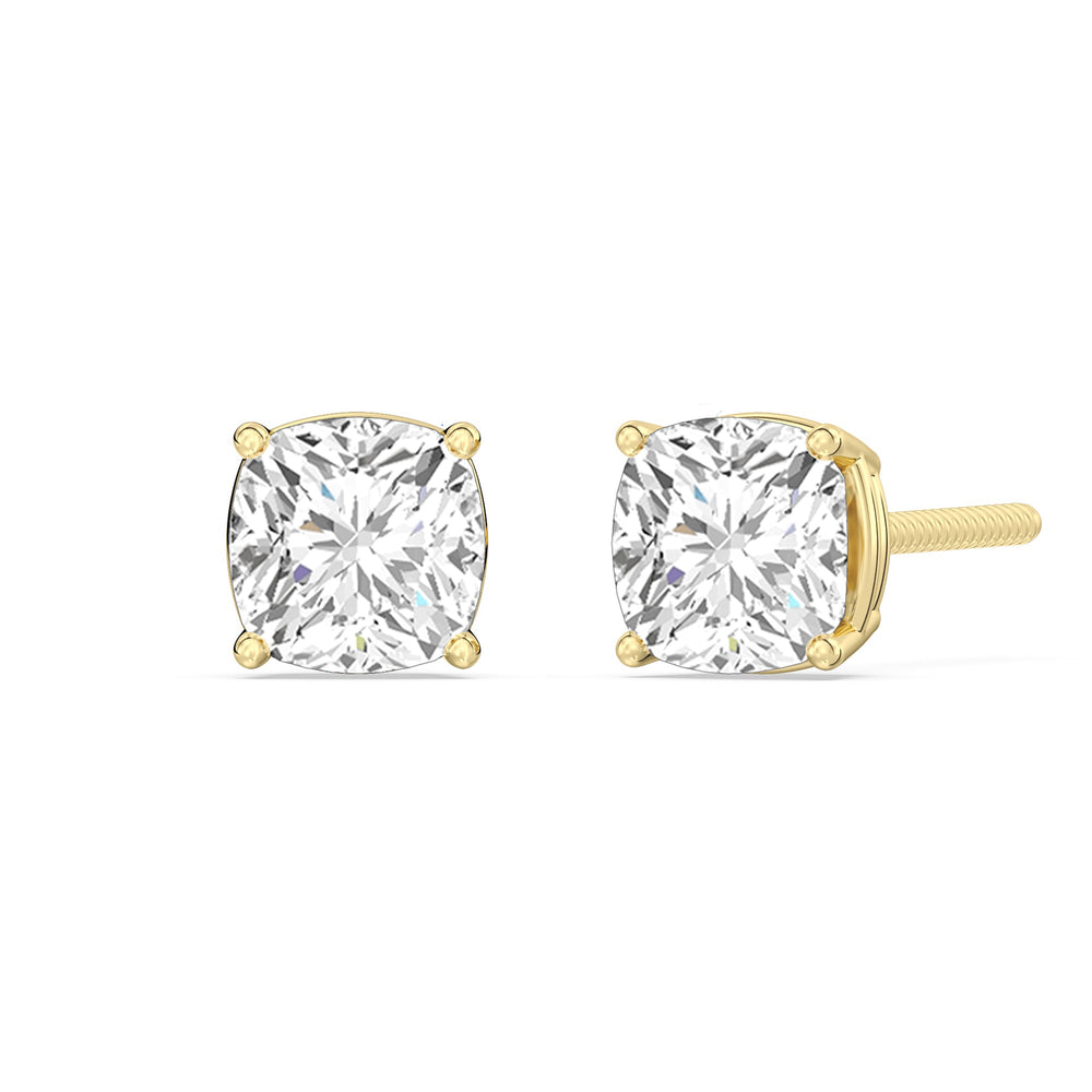 Classic Cushion Stud Earrings with 18KT Yellow Gold / Lab / 2 Cut Diamond in 14KT Yellow Gold / Lab / 2 view 1
